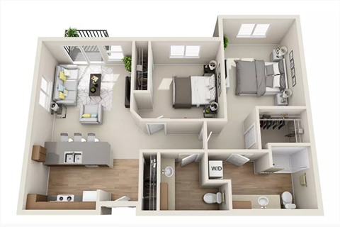 Floor plan for 2 beds, 1.5 baths, 1000 sqft